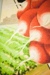 Textured close-up of vintage radish art on birchwood, showing vibrant red and green.