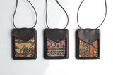Three unique handmade leather shoulder bags with colorful vintage rug fragment panels.
