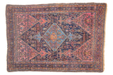 Vintage Distressed Malayer rug with intricate aqua diamond medallion, blush rose, and navy blue field, 4'3