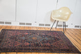 Distressed Malayer rug, aqua diamond medallion, unique fish motifs, blush rose, navy blue.