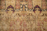 Antique Kermanshah carpet with intricate milfleur design in cochineal red, navy, and visible foundation.