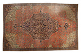 Antique Farahan fragment, dramatic navy medallion, ivory scrolling vines, madder red field. 6'6