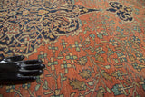 Antique Farahan carpet: rich madder red field with celadon floral motifs and navy scrolling vines.