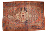 Antique Farahan carpet, unique medallion, oxidized copper field, jewel blue borders, 8'10