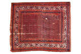 Vintage Hamadan square rug, abrashed red allover boteh pattern, geometric borders, and historic patina.