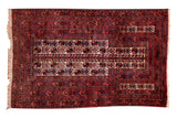 Vintage Belouch rug, geometric tree of life, floral field, reds, navy, and ivory.