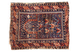 Vintage Shirvan geometric rug, indigo blue, brick red, ivory pattern, aged edges, 3'7