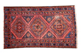 Vintage North West rug, mid-century geometric triple medallions, faded red field, sky blue, 3'5