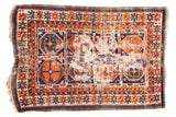 Distressed antique Caucasian rug with paneled gul motifs; tangerine, mallard green, sky blue, 3'10