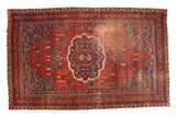 Antique Bijar carpet with rich brick red field, navy scalloped medallion, weeping willow motifs, 7'6
