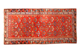 Antique Persian Hamadan runner, cherry red floral diamond lattice, rainbow colors, 2'11