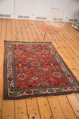 Ornate border detail of an Antique Harshang Bijar rug with dramatic elongated leaves and a cherry red field.