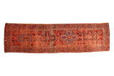 Antique Anatolian runner rug: bold red, natural purple and teal geometric designs, 3'9