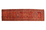 Antique Anatolian hand-knotted runner, bold red with geometric purple, teal natural dyes. 4' x 13'3