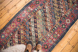 Antique Caucasian runner: intricate diagonal stripes with plant motifs, vibrant madder red border.