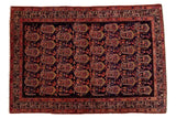 Vintage hand-knotted Malayer rug, dark navy field, allover floral botehs, geometric figures, blush, bronze, ivory.