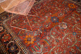Mahal rug's rust red field with delicate green vinery and floral motifs.