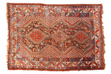 Vintage Qashqai rug, tribal triple medallion, animal and floral motifs, in rich red and blue. 4'3