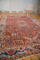Vintage Heriz rug detail: allover geometric patterns in cherry red, blue, ivory, and orange.