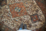 Distressed vintage Baktiari rug, copper brown diamond medallion, ivory field and vines.