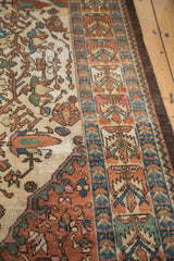 Decorative detail of Baktiari rug with time-softened copper brown, ivory vines, pale blue-green border.