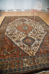 Copper brown medallion, ivory field, with pale blue and green floral vines on vintage Baktiari.
