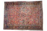 Vintage Heriz carpet with allover geometric floral design, blush, sky blue, navy, 8'8