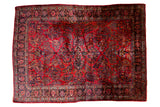 Vintage American Sarouk carpet, dark red allover floral, lotus, palmette border.