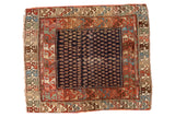 Antique Hamadan square rug with navy boteh field, rich geometric borders, and overall wear. 4'4