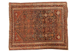 Antique Qashqai rug, allover tribal motifs, animals, plants, madder red, dark blue, 4'10