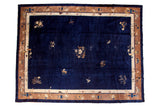 Vintage Peking Carpet, cobalt blue field, eucalyptus, floral, vase motifs, ivory, mauve borders.