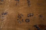 Worn pile of vintage Peking carpet revealing knot heads, light blue migration, and stylized motifs.