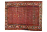 Persian Hamadan rug with madder root red allover mir design, abrash, and geometric borders.