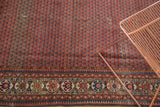 Vintage Hamadan rug showcasing detailed border motifs on a madder red field with mir design.