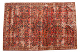 Vintage Persian Lilihan rug, distressed allover floral pattern in raspberry red, blue, gold, 6'6
