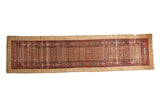 Vintage camel Hamadan runner, allover red and blue lattice pattern, natural camel border.