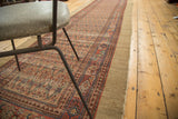 Vintage Hamadan runner, madder red and blue allover pattern, camel hair border tatter.