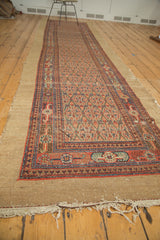 Fringed end and natural camel hair border with tatter on the vintage Hamadan runner.