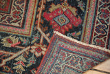 Hand-knotted Vintage Mahalati rug detail: Herati vinery pile, fringe, and tightly woven back.