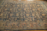 Vintage Persian Meshed carpet corner, geometric border, golfarang motifs in navy, blush, ivory.