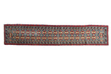 Vintage Afghan runner with double column geometric medallions, cherry red, indigo, ivory, 1'11