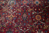 Delicate palmette and ribbon leaf design, vintage Yezd carpet, black cherry red, textured.