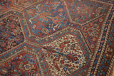 Intricate repeating panel design with sky blue, madder root red, and beige tribal motifs.