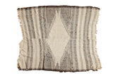 Vintage hand-knotted Kurdish rug: ivory, charcoal stripes, diamond medallion, joined construction.