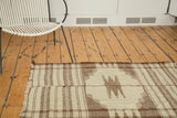 Primitive vintage Kurdish throw rug, ivory and chocolate brown banded stripes with zigzag motif, fringed.
