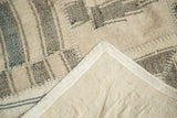 Linen backing and white blanket stitches securing the corner of a vintage Kurdish patchwork rug.