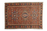 Vintage Karaja rug with triple medallion geometric pattern in red, blue, and ivory.