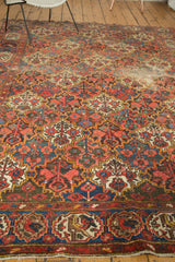 Hand-knotted Baktiari carpet border with love bird cartouches in madder red, blue, and gold tones.
