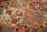 Hand-knotted vintage Baktiari rug detail with intricate germinating tree patterns, madder red, green, ivory, and visible wear.