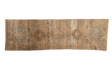 Distressed vintage Karaja runner, beige field with faded geometric blue and brown medallions, 2'9